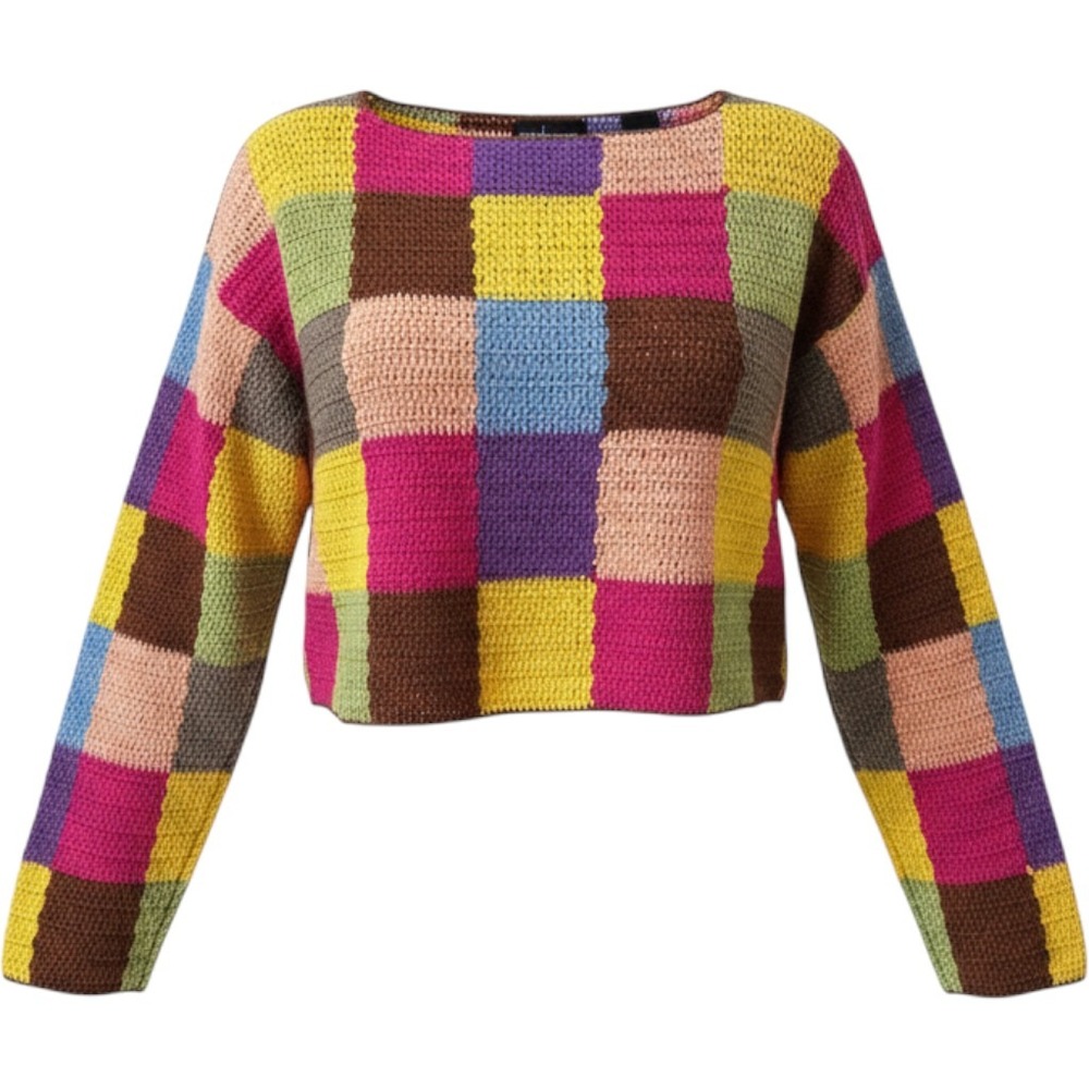 Moda International Crochet Patchwork Checkerboard Cropped Sweater Multicolor M
